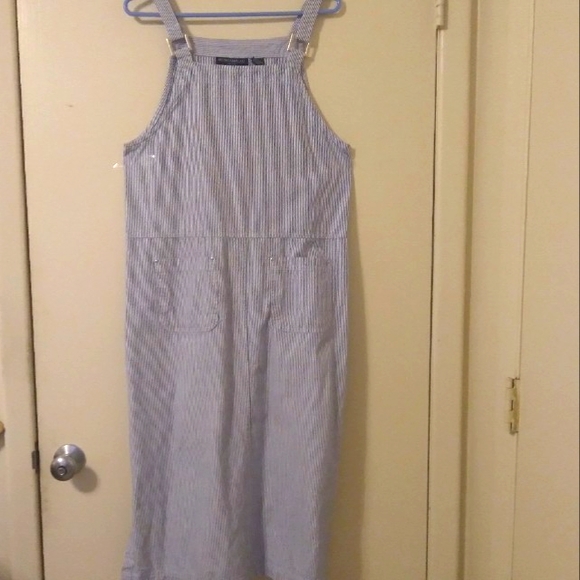 Y2K Mountain Lake Striped Denim Overall Dress Size Medium Petite - Picture 13 of 16